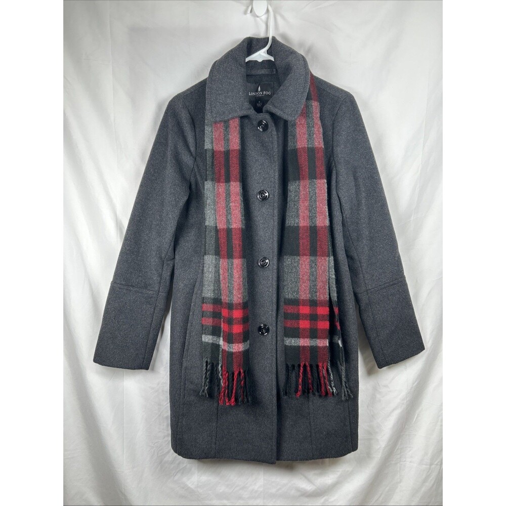 London Fog Women’s Grey Wool Blend Peacoat Jacket Small w/ Plaid Scarf Red Gray